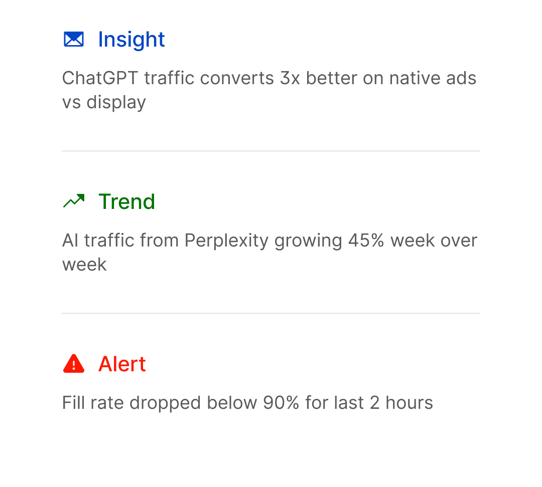 Insight, trend and alert feed for AI traffic